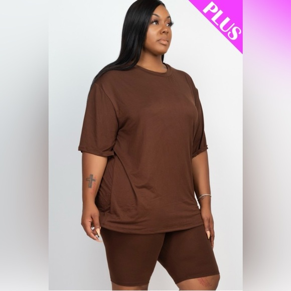 Chocolate Brown Lounge Set 2-Piece Short Sleeve Oversized Top & Biker Shorts - Picture 3 of 10